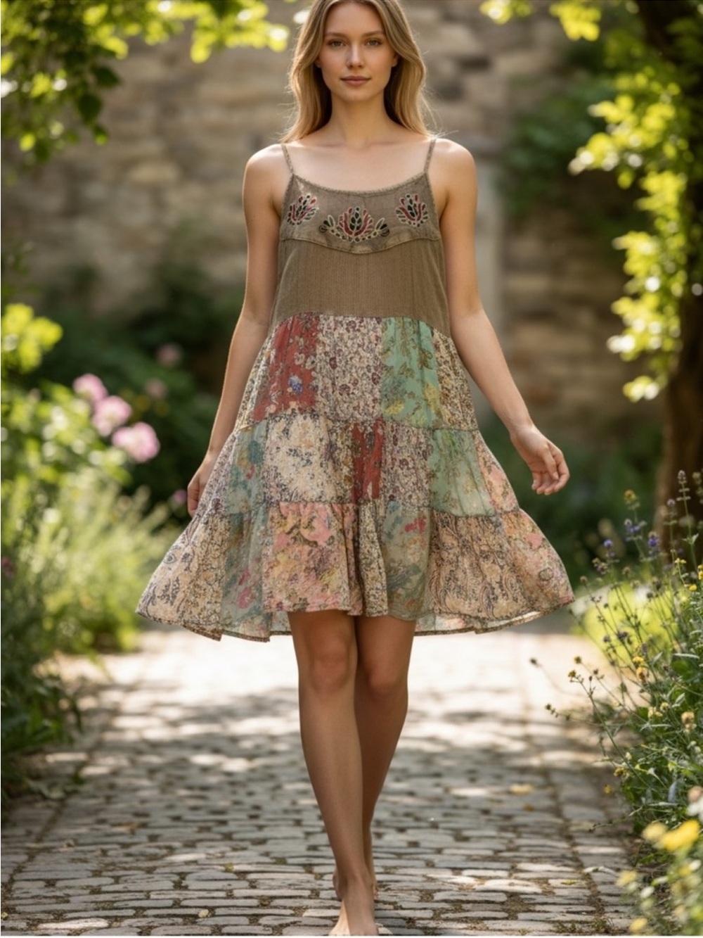 NWT: Young Threads Embroidered Mixed Patchwork Mini Dress• Large